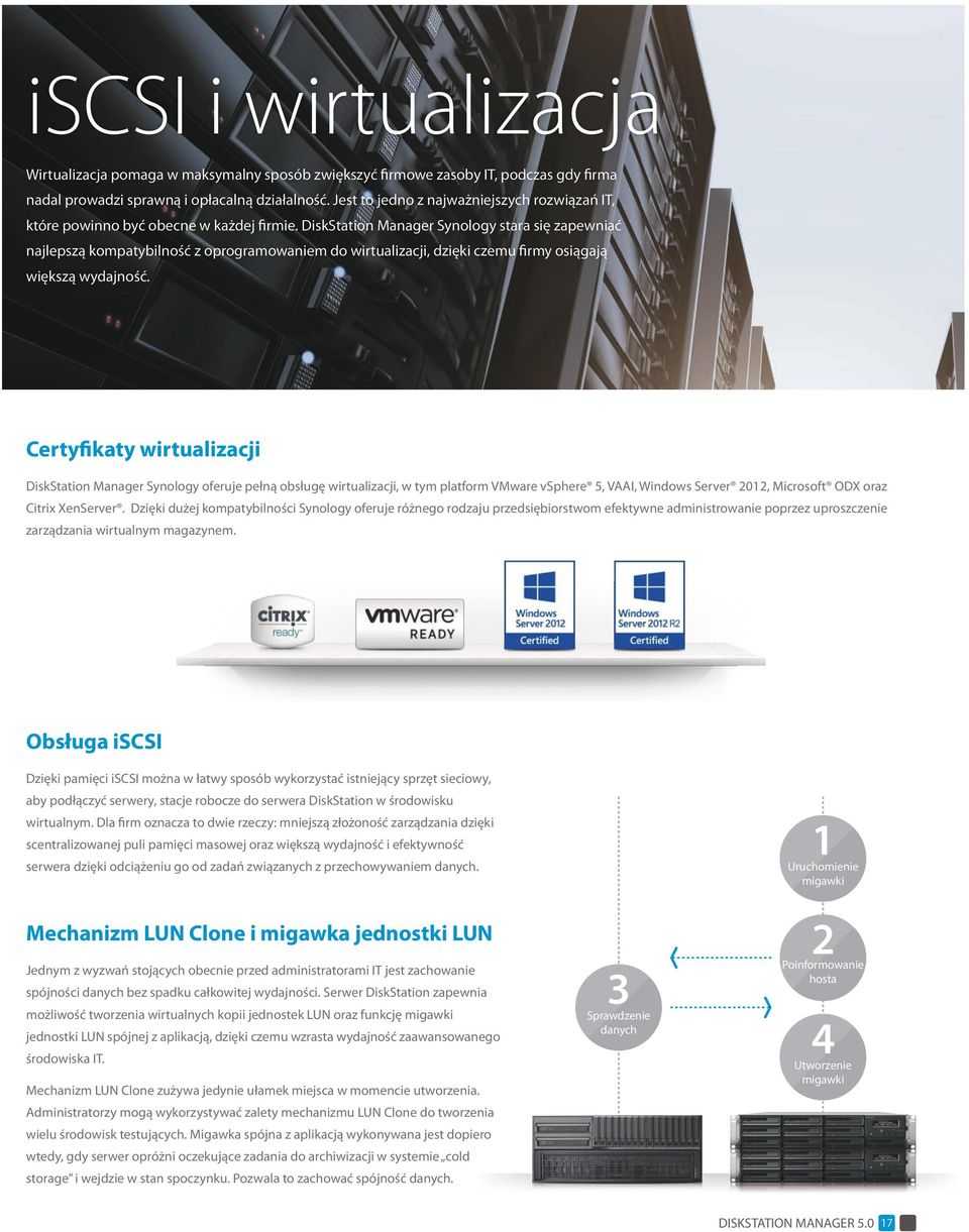 DiskStation Manager Synology stara się zapewniać najlepszą kompatybilność z oprogramowaniem do wirtualizacji, dzięki czemu firmy osiągają większą wydajność.