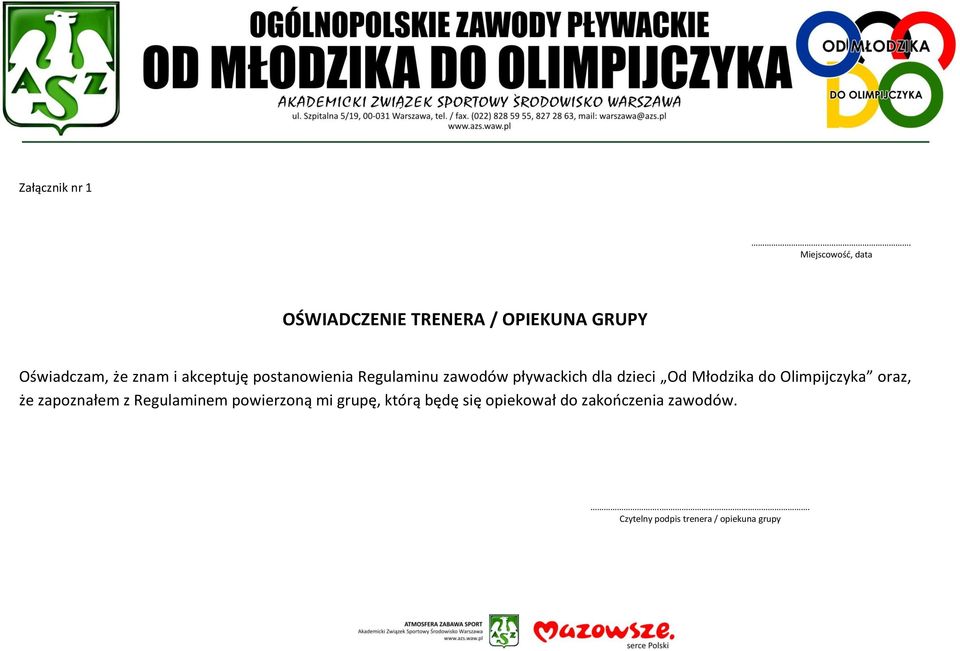 akceptuję postanowienia Regulaminu zawodów pływackich dla dzieci Od Młodzika do