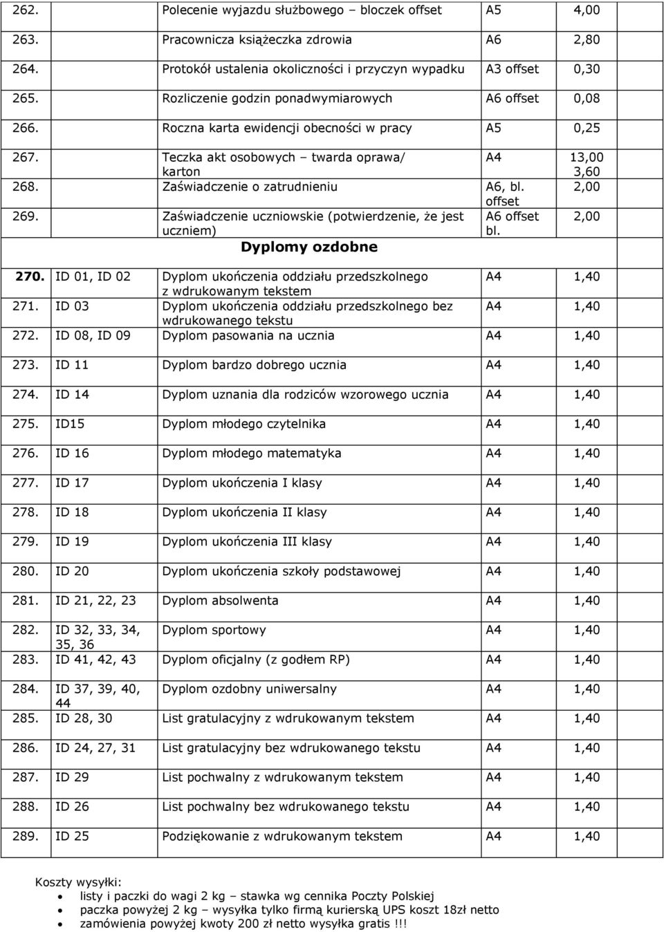 Zaświadczenie o zatrudnieniu A6, bl. 2,00 offset 269. Zaświadczenie uczniowskie (potwierdzenie, że jest A6 offset 2,00 uczniem) bl. Dyplomy ozdobne 270.