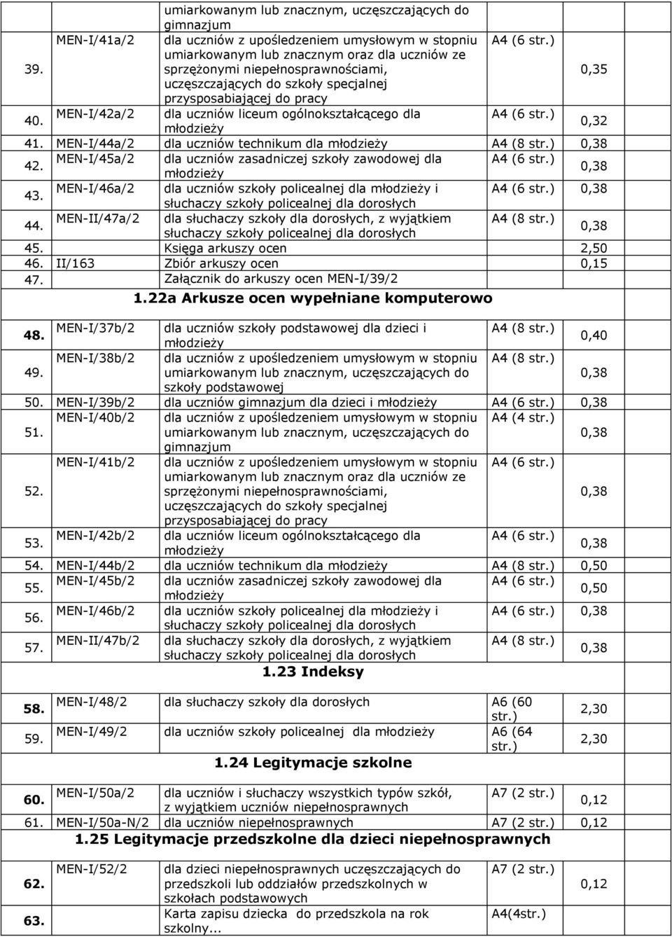 MEN-I/44a/2 dla uczniów technikum dla (8 str.) 42. MEN-I/45a/2 dla uczniów zasadniczej szkoły zawodowej dla (6 str.) 43. MEN-I/46a/2 dla uczniów szkoły policealnej dla i (6 str.