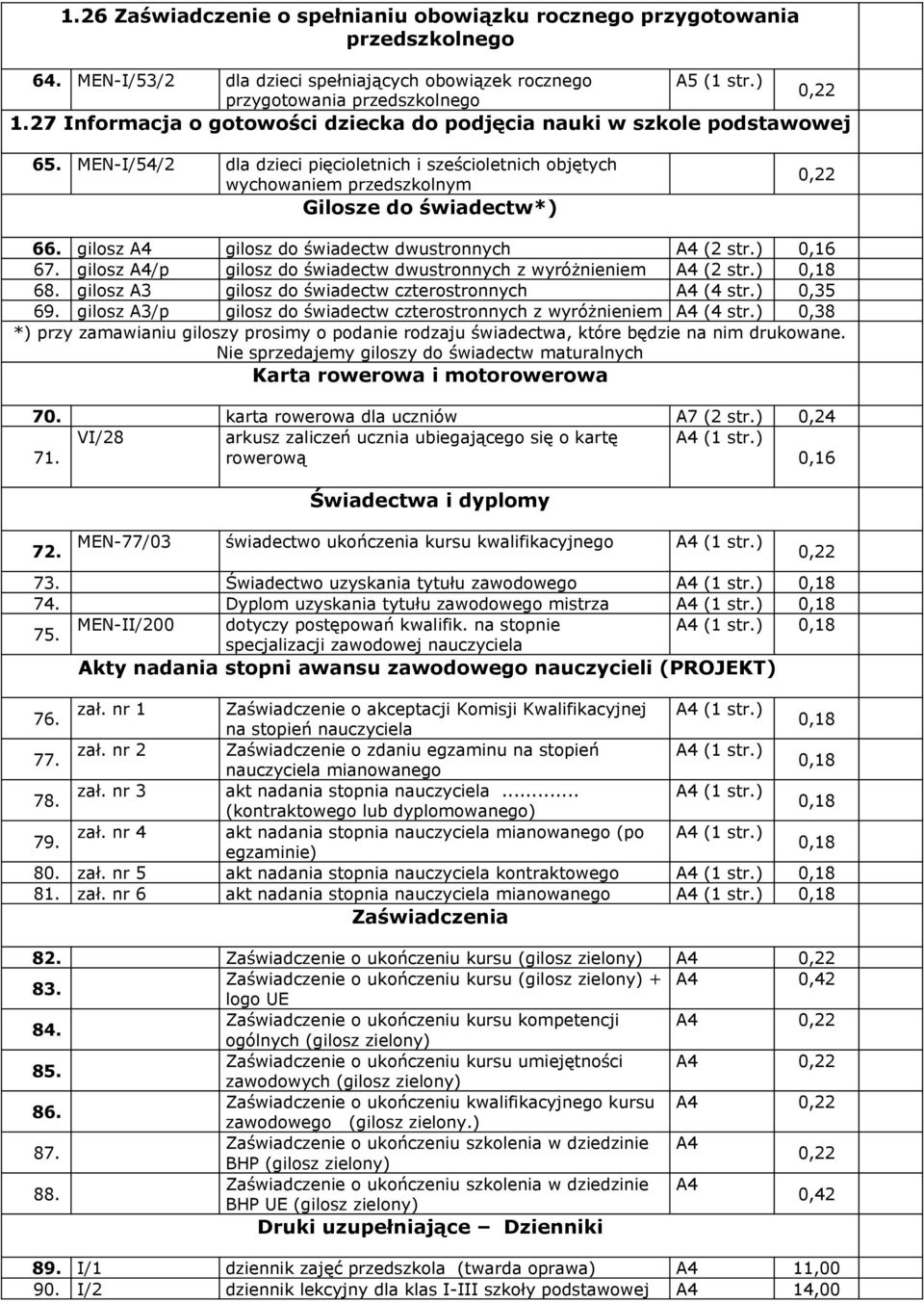 gilosz gilosz do świadectw dwustronnych 0,16 67. gilosz /p gilosz do świadectw dwustronnych z wyróżnieniem 68. gilosz A3 gilosz do świadectw czterostronnych (4 str.) 0,35 69.