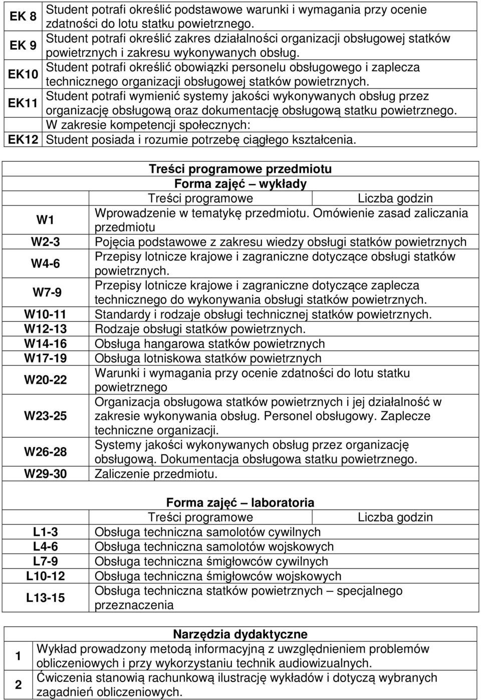 Student potrafi określić obowiązki personelu obsługowego i zaplecza EK10 technicznego organizacji obsługowej Student potrafi wymienić systemy jakości wykonywanych obsług przez EK11 organizację