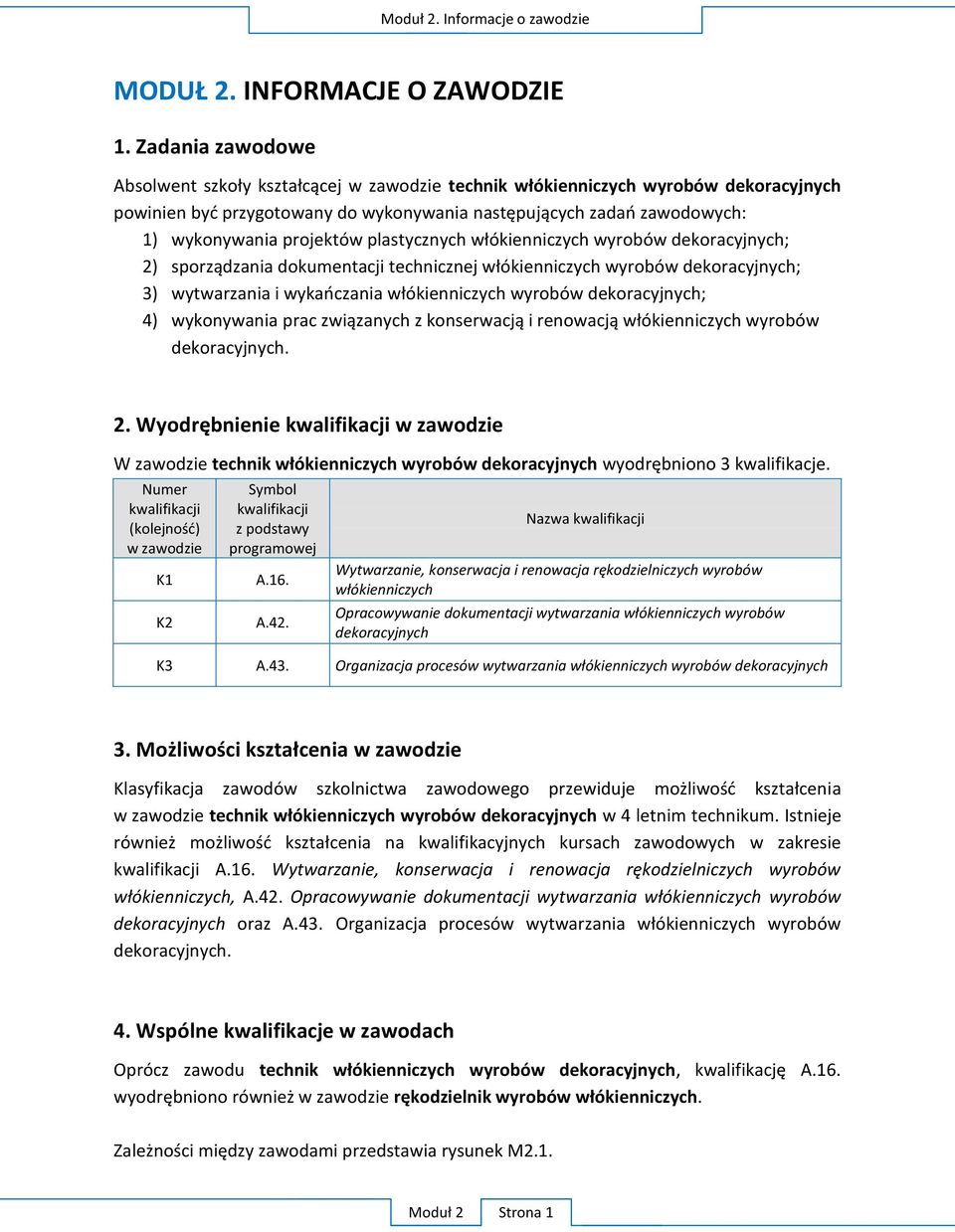 Numer kwalifikacji w zawodzie K1 K2 Symbol kwalifikacji z podstawy programowej A.16. A.42.