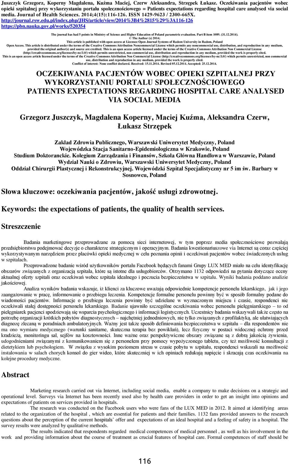 2014;4(15):116-126. ISSN 1429-9623 / 2300-665X. http://journal.rsw.edu.pl/index.php/jhs/article/view/2014%3b4%2815%29%3a116-126 https://pbn.nauka.gov.