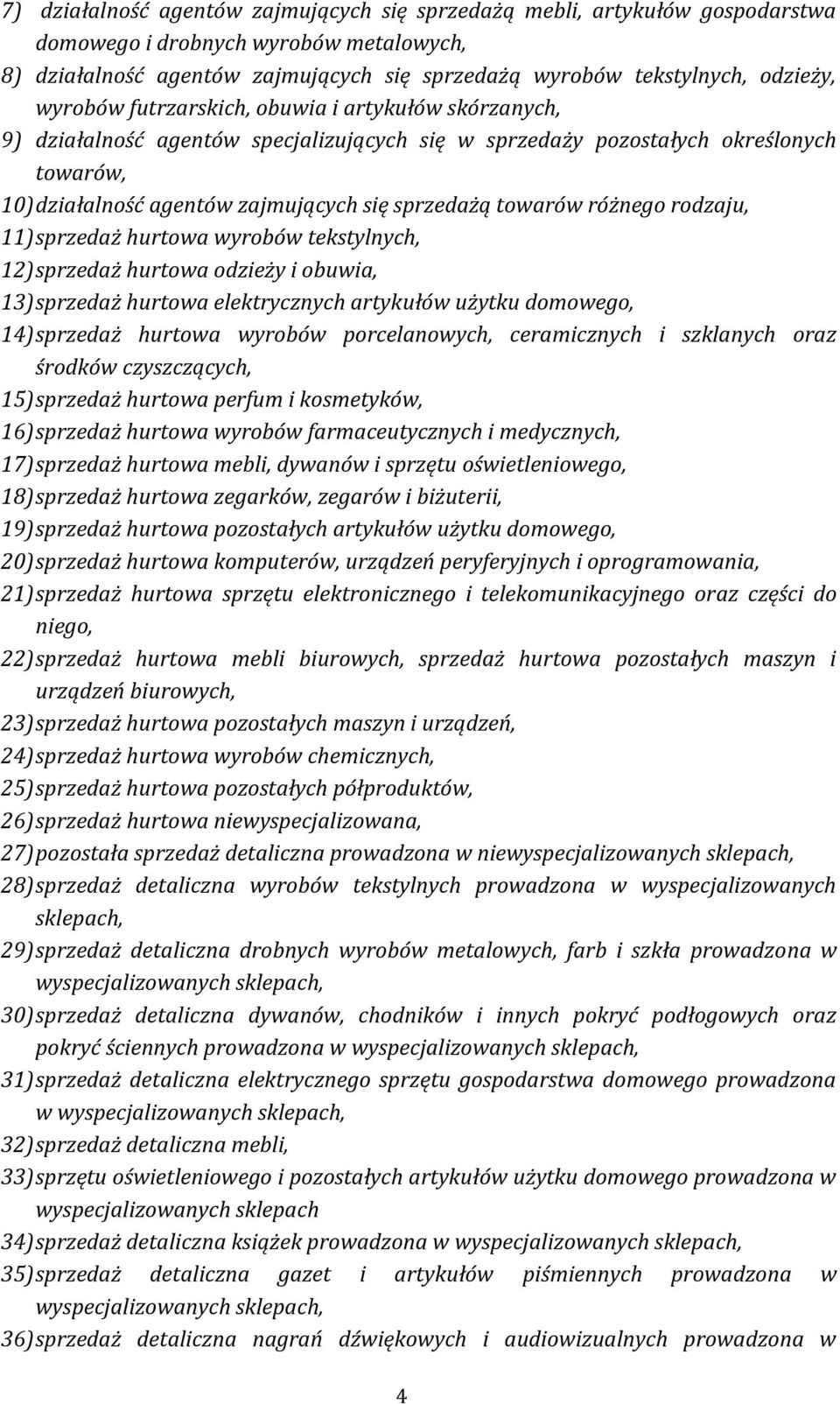 różnego rodzaju, 11) sprzedaż hurtowa wyrobów tekstylnych, 12) sprzedaż hurtowa odzieży i obuwia, 13) sprzedaż hurtowa elektrycznych artykułów użytku domowego, 14) sprzedaż hurtowa wyrobów