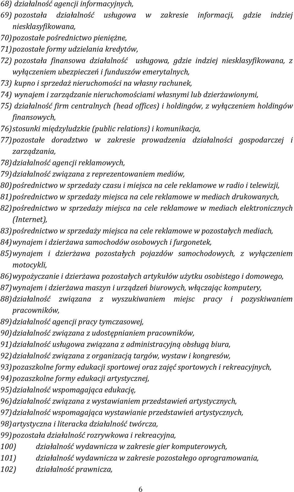 wynajem i zarządzanie nieruchomościami własnymi lub dzierżawionymi, 75) działalność firm centralnych (head offices) i holdingów, z wyłączeniem holdingów finansowych, 76) stosunki międzyludzkie