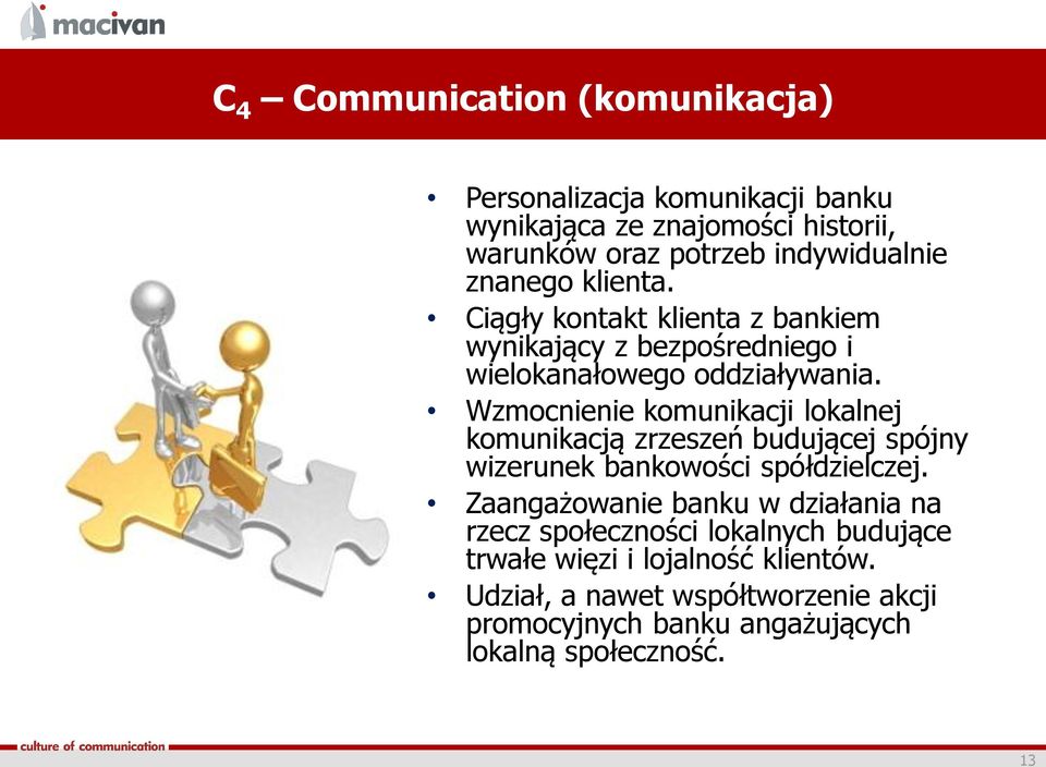 Wzmocnienie komunikacji lokalnej komunikacją zrzeszeń budującej spójny wizerunek bankowości spółdzielczej.