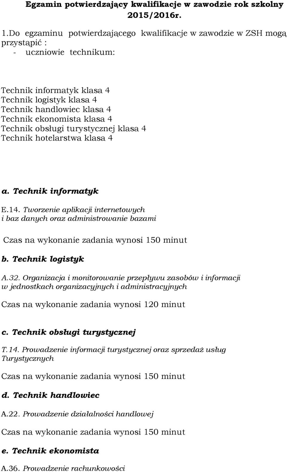 Technik hotelarstwa klasa 4 a. Technik informatyk E.14. Tworzenie aplikacji internetowych i baz danych oraz administrowanie bazami b. Technik logistyk A.32.