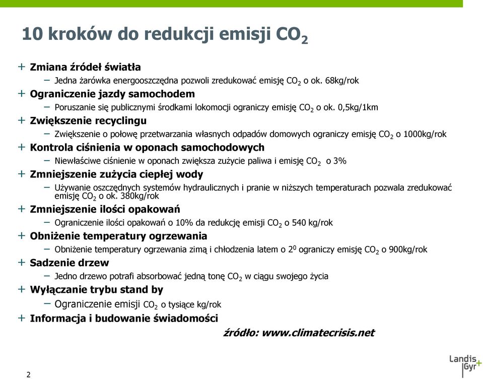 0,5kg/1km + Zwiększenie recyclingu Zwiększenie o połowę przetwarzania własnych odpadów domowych ograniczy emisję CO 2 o 1000kg/rok + Kontrola ciśnienia w oponach samochodowych Niewłaściwe ciśnienie w
