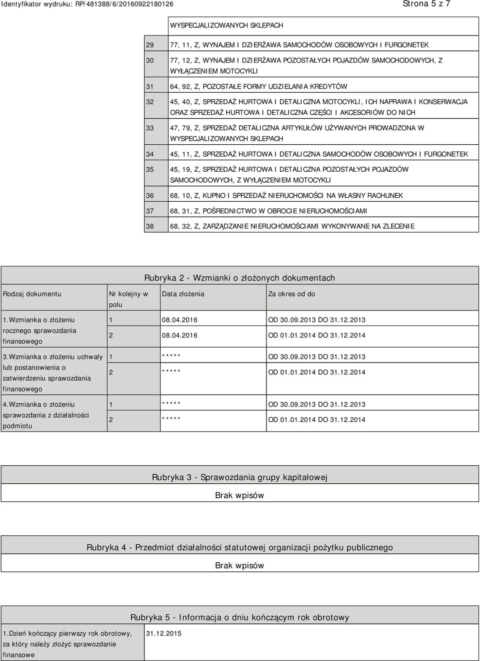 DETALICZNA ARTYKUŁÓW UŻYWANYCH PROWADZONA W 34 45, 11, Z, SPRZEDAŻ HURTOWA I DETALICZNA SAMOCHODÓW OSOBOWYCH I FURGONETEK 35 45, 19, Z, SPRZEDAŻ HURTOWA I DETALICZNA POZOSTAŁYCH POJAZDÓW