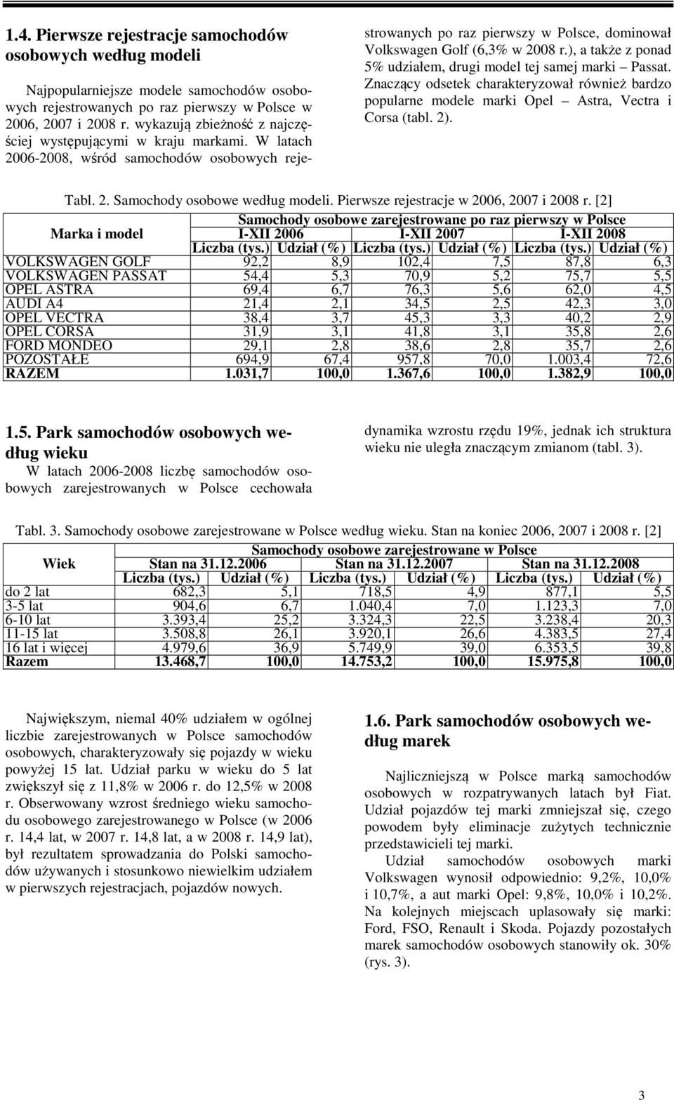 ), a także z ponad 5% udziałem, drugi model tej samej marki Passat. Znaczący odsetek charakteryzował również bardzo popularne modele marki Opel Astra, Vectra i Corsa (tabl. 2)