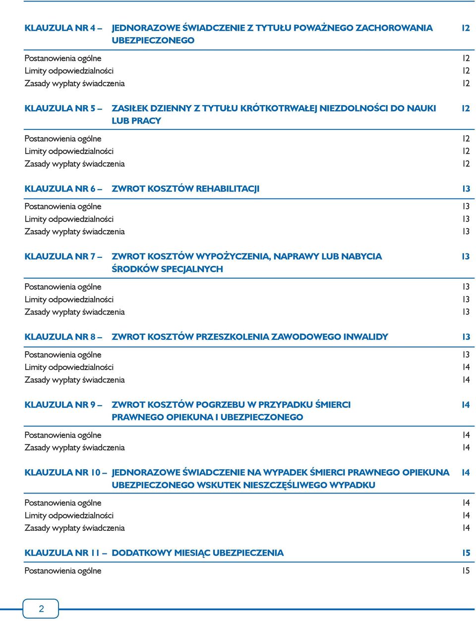 ogólne 13 Limity odpowiedzialności 13 Zasady wypłaty świadczenia 13 KLAUZULA NR 7 ZWROT KOSZTÓW WYPOŻYCZENIA, NAPRAWY LUB NABYCIA 13 ŚRODKÓW SPECJALNYCH Postanowienia ogólne 13 Limity