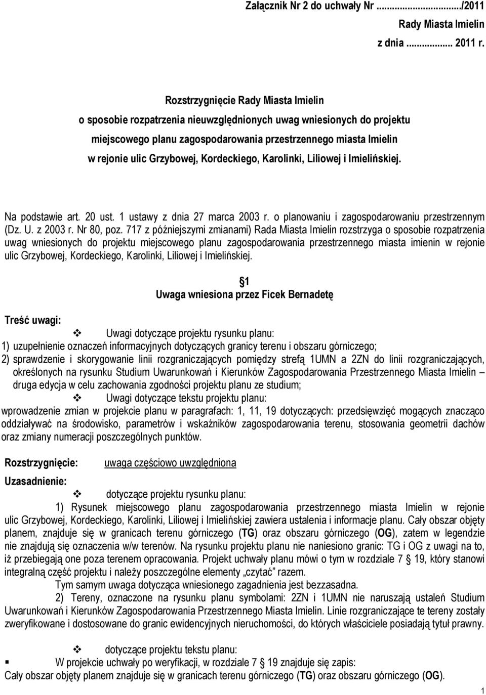 Kordeckiego, Karolinki, Liliowej i Imielińskiej. Na podstawie art. 20 ust. 1 ustawy z dnia 27 marca 2003 r. o planowaniu i zagospodarowaniu przestrzennym (Dz. U. z 2003 r. Nr 80, poz.