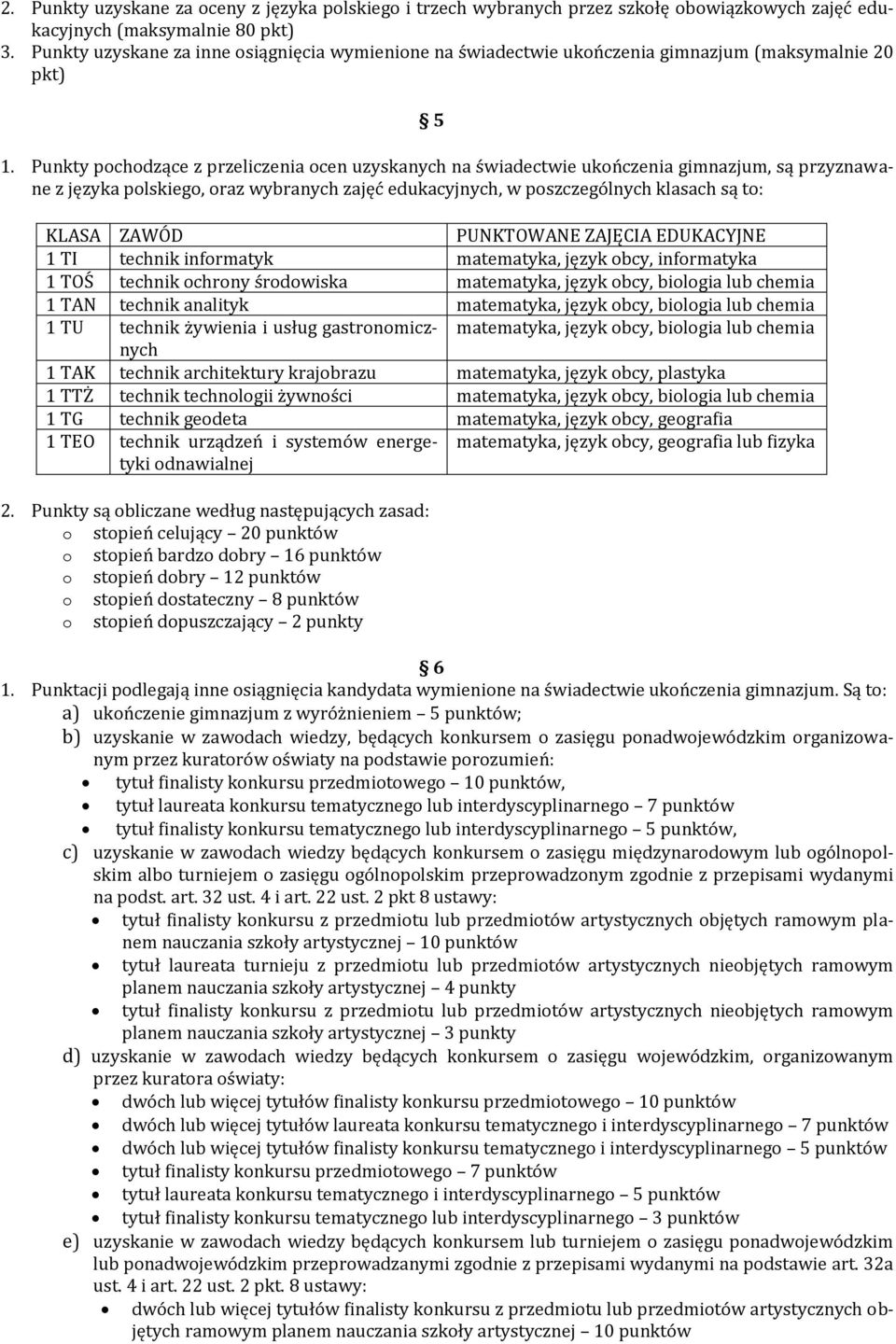 Punkty pochodzące z przeliczenia ocen uzyskanych na świadectwie ukończenia gimnazjum, są przyznawane z języka polskiego, oraz wybranych zajęć edukacyjnych, w poszczególnych klasach są to: KLASA ZAWÓD