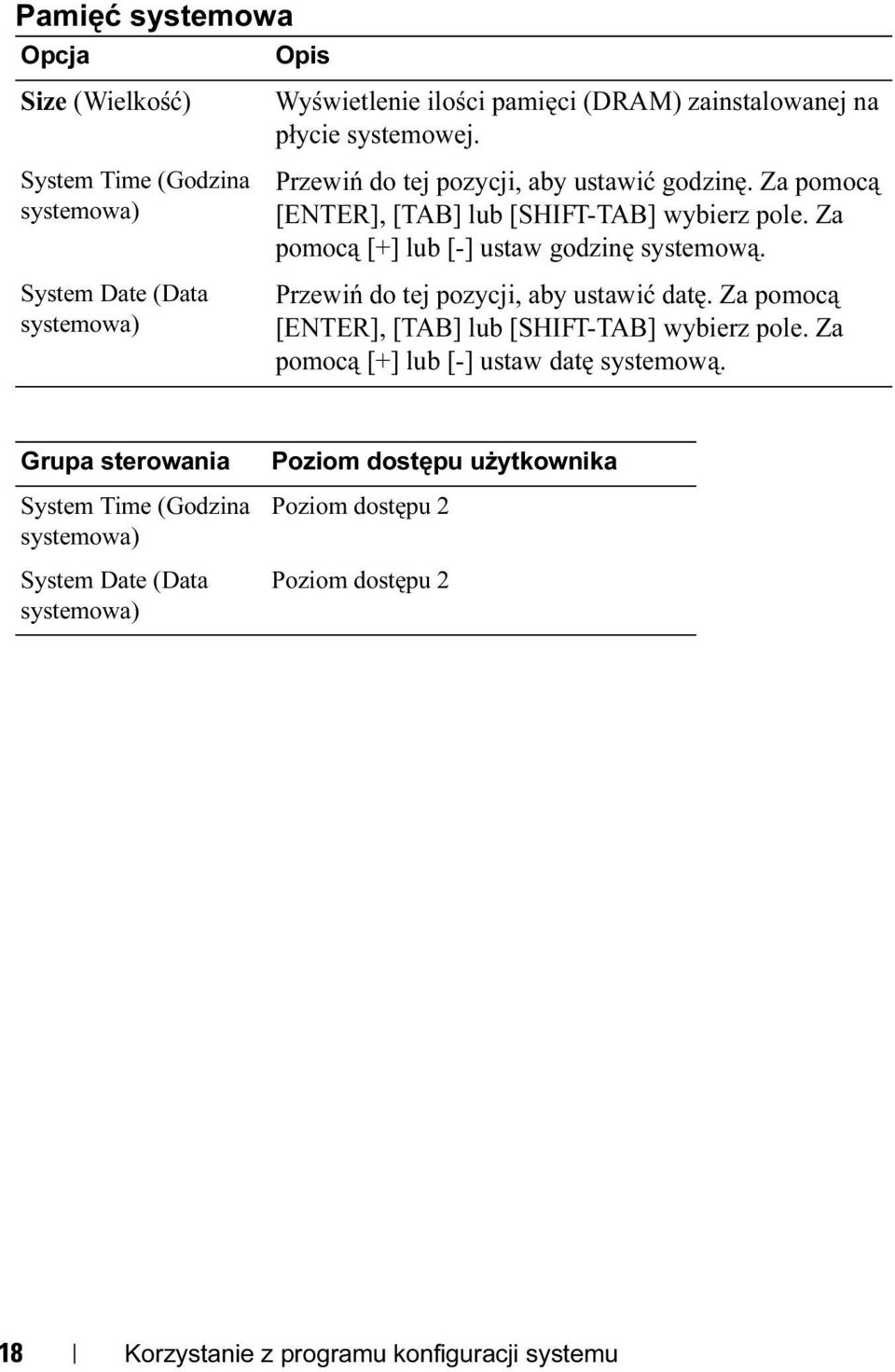 Za pomocą [+] lub [-] ustaw godzinę systemową. Przewiń do tej pozycji, aby ustawić datę. Za pomocą [ENTER], [TAB] lub [SHIFT-TAB] wybierz pole.