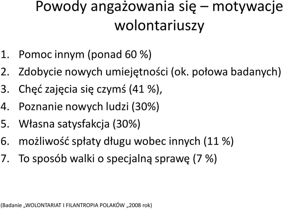 Poznanie nowych ludzi (30%) 5. Własna satysfakcja (30%) 6.