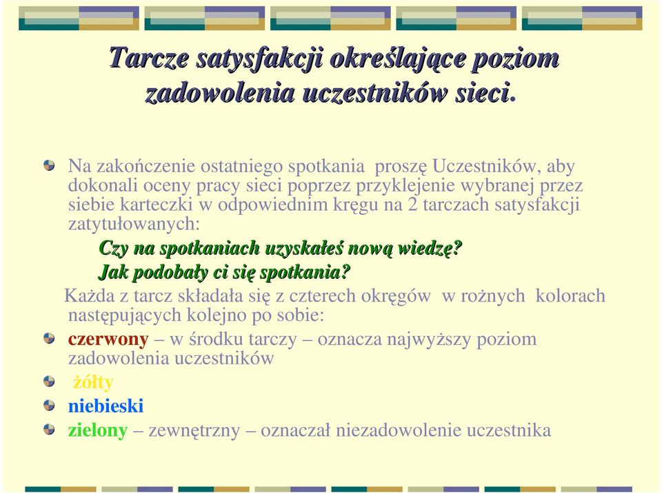 odpowiednim kręgu na 2 tarczach satysfakcji zatytułowanych: Czy na spotkaniach uzyskałeś nową wiedzę? Jak podobały y ci się spotkania?