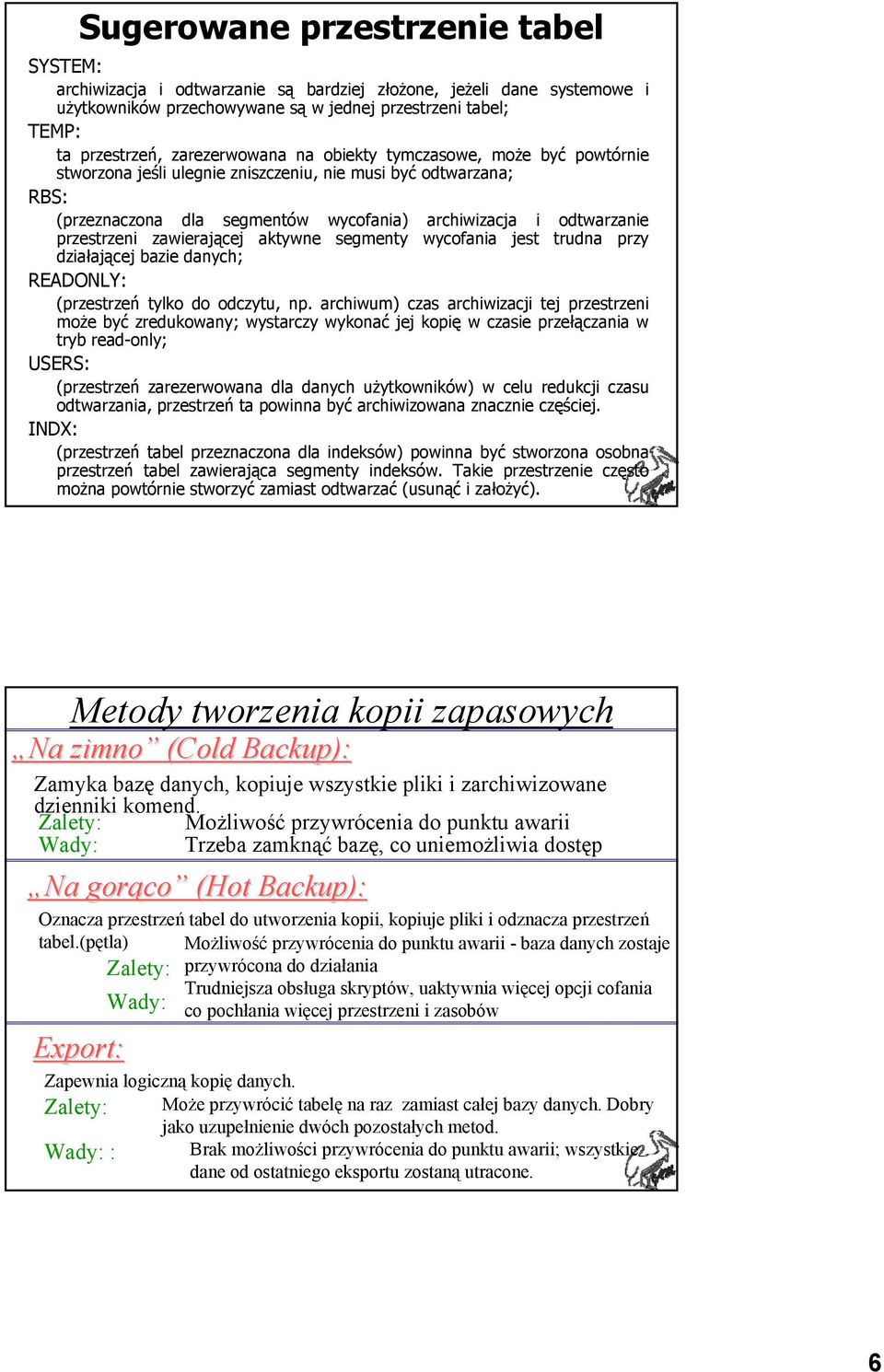 przestrzeni zawierającej aktywne segmenty wycofania jest trudna przy działającej bazie danych; READONLY: (przestrzeń tylko do odczytu, np.