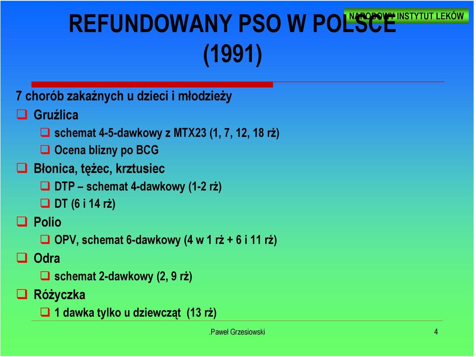 krztusiec DTP schemat 4-dawkowy (1-2 rż) DT (6 i 14 rż) Polio OPV, schemat 6-dawkowy (4 w 1 rż +