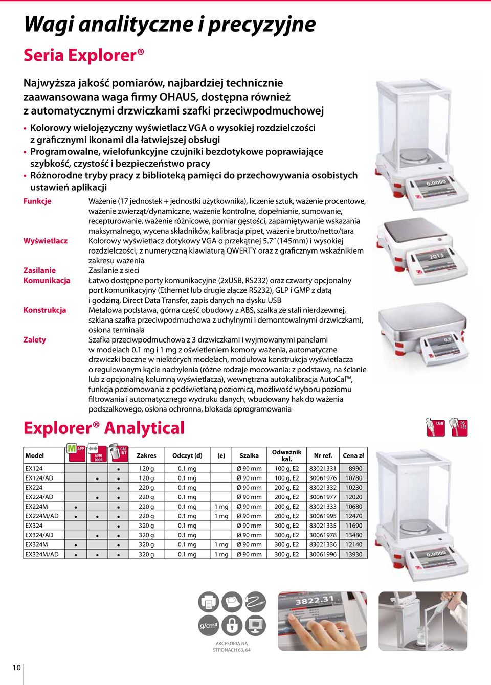 bezpieczeństwo pracy Różnorodne tryby pracy z biblioteką pamięci do przechowywania osobistych ustawień aplikacji Explorer Analytical Ważenie (17 jednostek + jednostki użytkownika), liczenie sztuk,