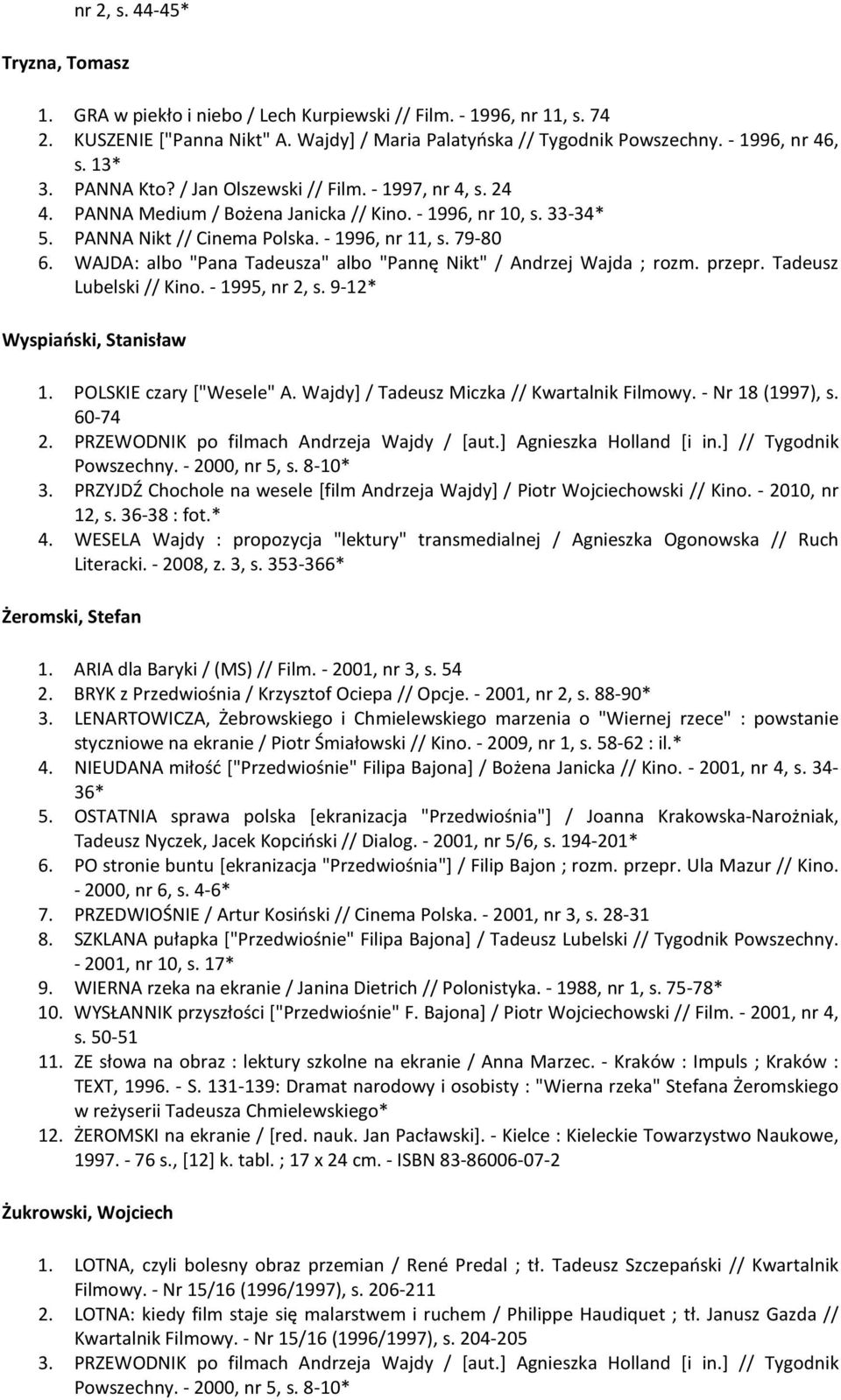 WAJDA: albo "Pana Tadeusza" albo "Pannę Nikt" / Andrzej Wajda ; rozm. przepr. Tadeusz Lubelski // Kino. - 1995, nr 2, s. 9-12* Wyspiański, Stanisław 1. POLSKIE czary ["Wesele" A.