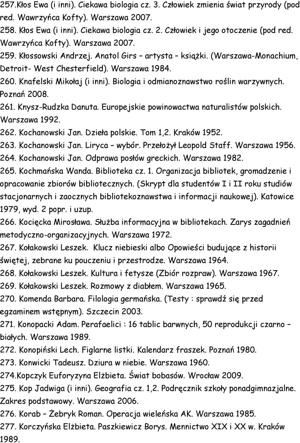 Biologia i odmianoznawstwo roślin warzywnych. Poznań 2008. 261. Knysz-Rudzka Danuta. Europejskie powinowactwa naturalistów polskich. Warszawa 1992. 262. Kochanowski Jan. Dzieła polskie. Tom 1,2.