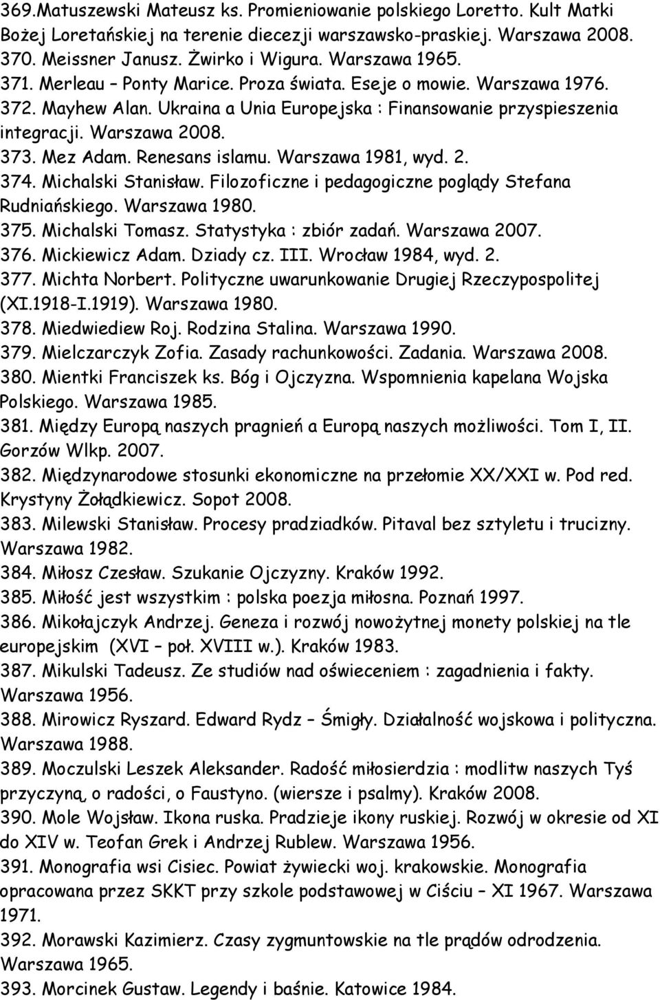 Mez Adam. Renesans islamu. Warszawa 1981, wyd. 2. 374. Michalski Stanisław. Filozoficzne i pedagogiczne poglądy Stefana Rudniańskiego. Warszawa 1980. 375. Michalski Tomasz. Statystyka : zbiór zadań.