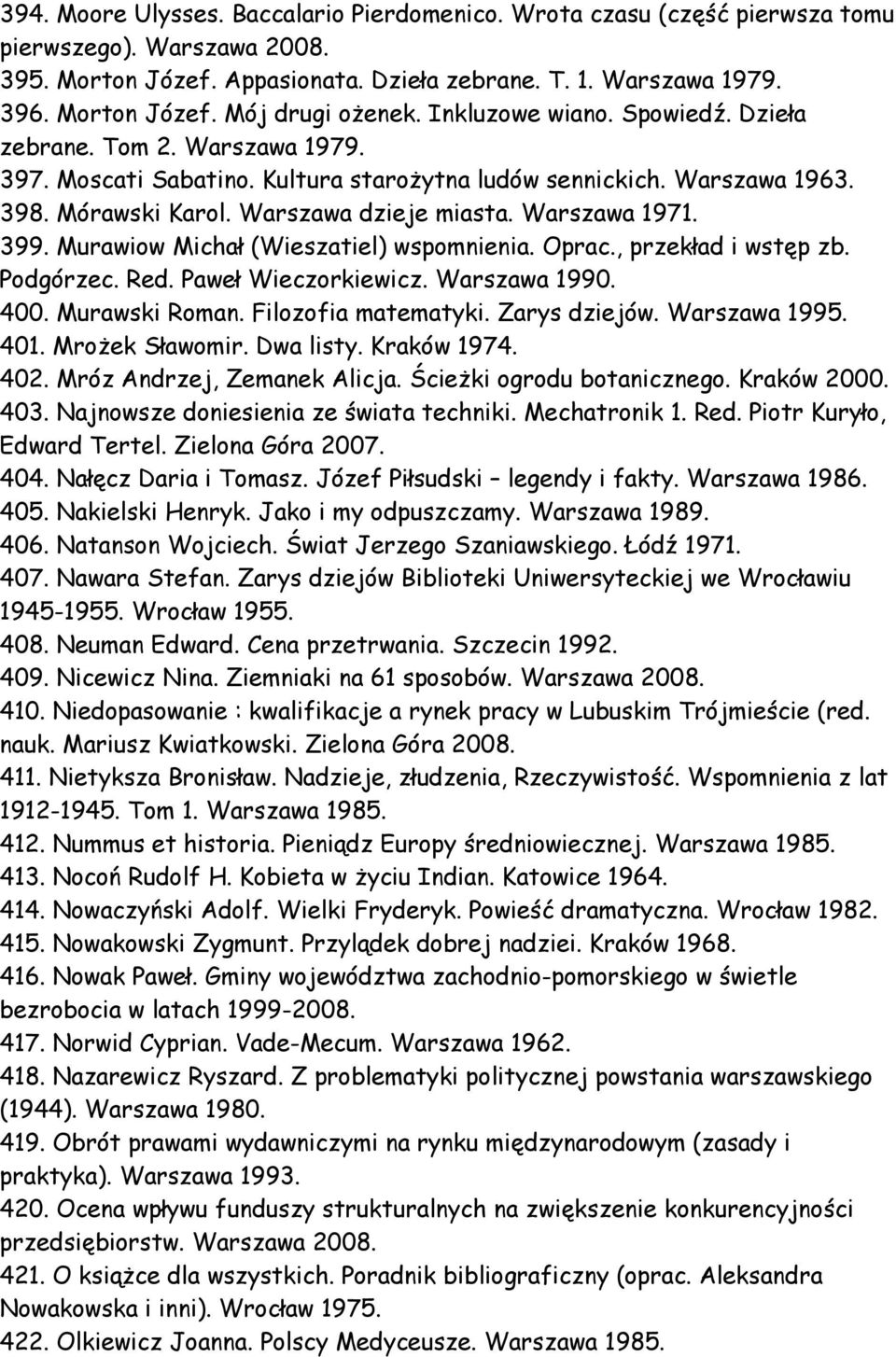 399. Murawiow Michał (Wieszatiel) wspomnienia. Oprac., przekład i wstęp zb. Podgórzec. Red. Paweł Wieczorkiewicz. Warszawa 1990. 400. Murawski Roman. Filozofia matematyki. Zarys dziejów.