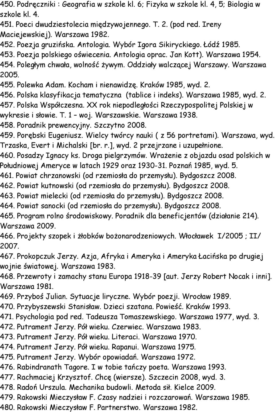 Oddziały walczącej Warszawy. Warszawa 2005. 455. Polewka Adam. Kocham i nienawidzę. Kraków 1985, wyd. 2. 456. Polska klasyfikacja tematyczna (tablice i indeks). Warszawa 1985, wyd. 2. 457.