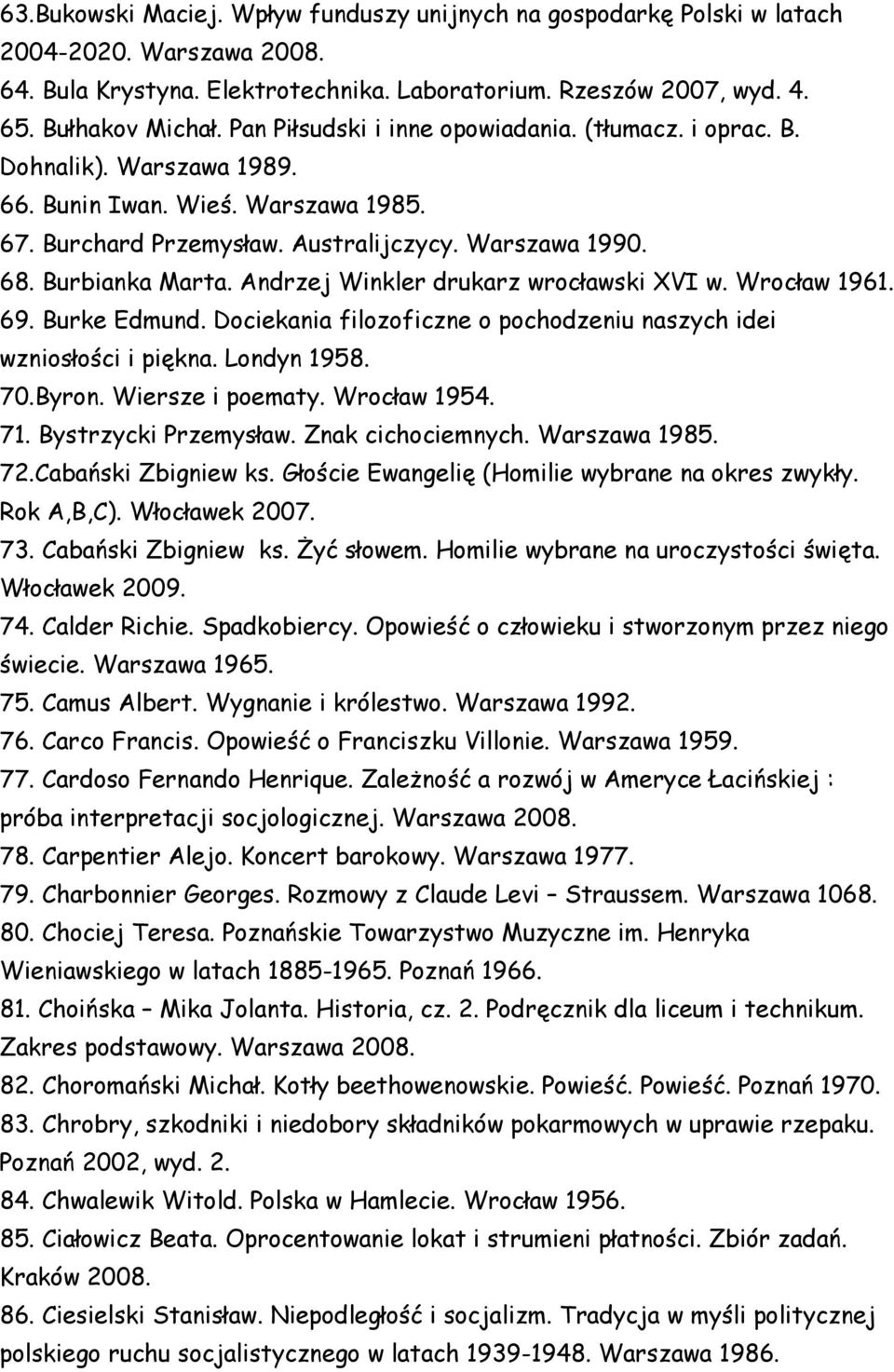 Andrzej Winkler drukarz wrocławski XVI w. Wrocław 1961. 69. Burke Edmund. Dociekania filozoficzne o pochodzeniu naszych idei wzniosłości i piękna. Londyn 1958. 70.Byron. Wiersze i poematy.