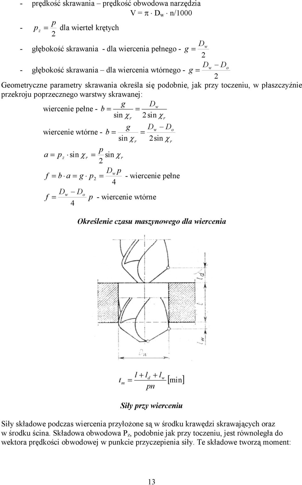 = = sin r 2sin r p a = pz sin r = sin r 2 Dw p f = b a = g p2 = - wiercenie pene 4 Dw Do f = p - wiercenie wtórne 4 Okre lenie czasu maszynowego dla wiercenia t m l + ld + l = pn w [ min] Siy przy