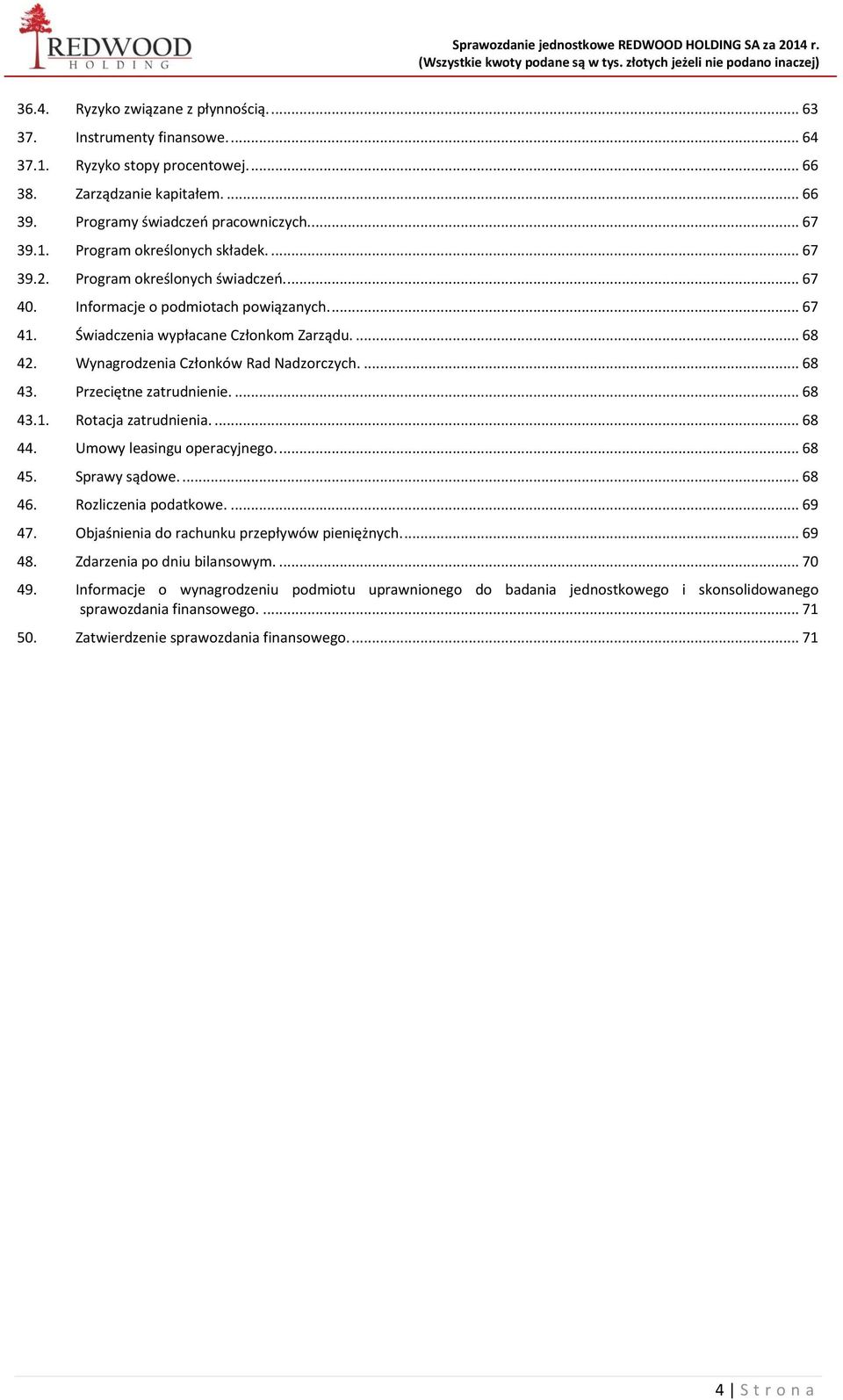 Przeciętne zatrudnienie.... 68 43.1. Rotacja zatrudnienia.... 68 44. Umowy leasingu operacyjnego.... 68 45. Sprawy sądowe.... 68 46. Rozliczenia podatkowe.... 69 47.