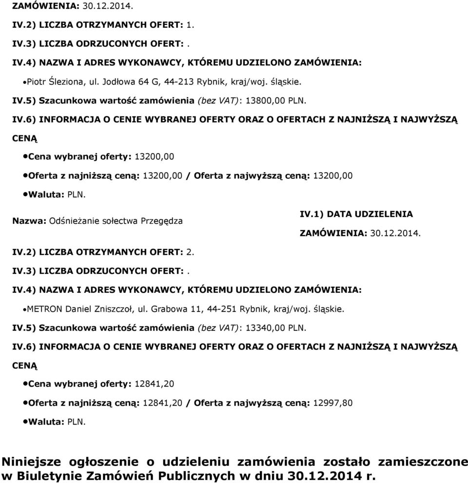 Odśnieżanie 13 sołectwa Przegędza METRON Daniel Zniszczoł, ul. Grabowa 11, 44-251 Rybnik, kraj/woj.