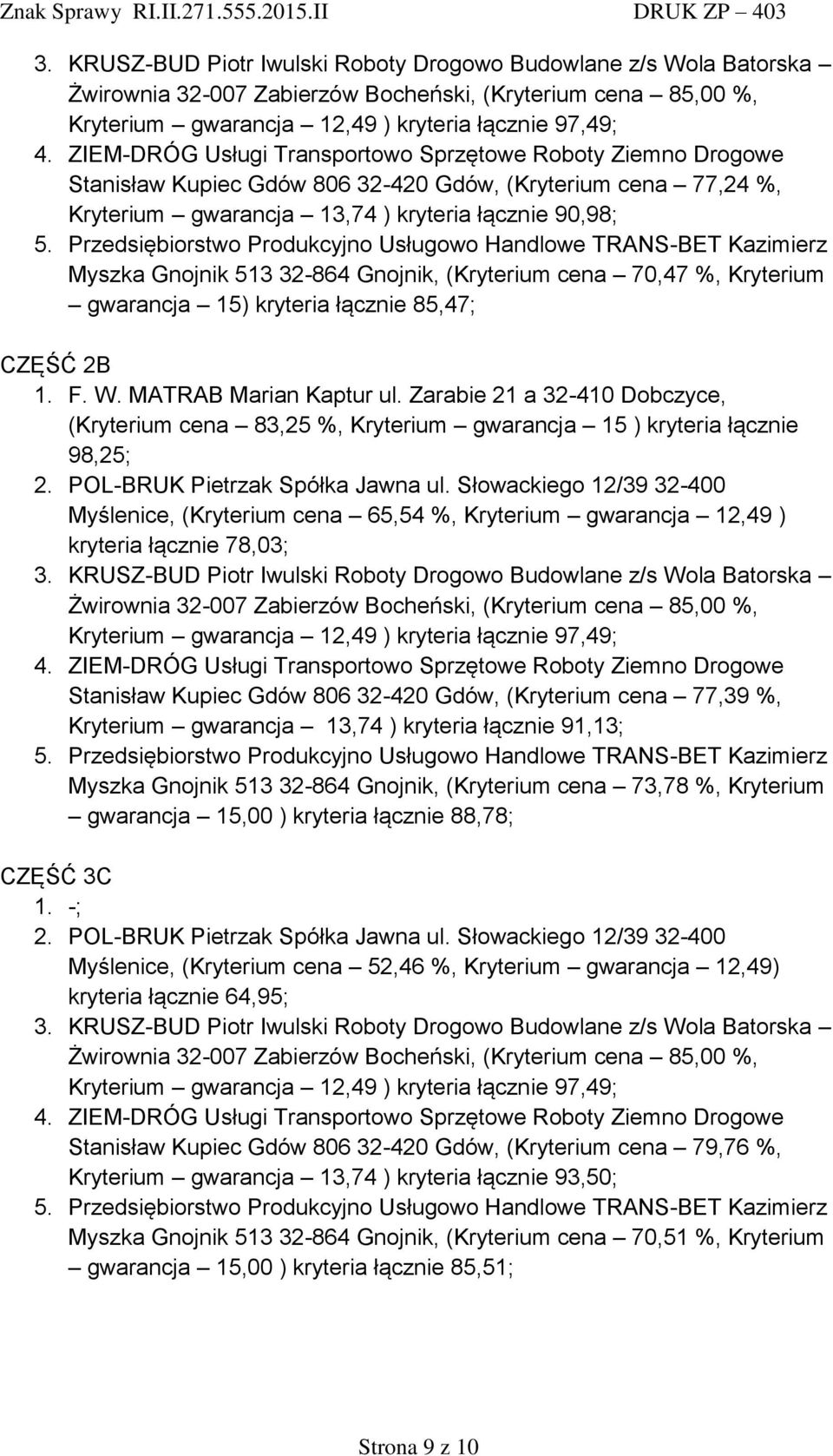 Zarabie 21 a 32-410 Dobczyce, (Kryterium cena 83,25 %, Kryterium gwarancja 15 ) kryteria łącznie 98,25; Myślenice, (Kryterium cena 65,54 %, Kryterium gwarancja 12,49 ) kryteria łącznie 78,03;