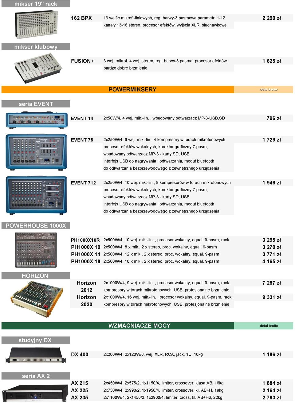 , wbudowany odtwarzacz MP-3-USB,SD 796 zł EVENT 78 2x250W/4, 6 wej. mik.-lin.