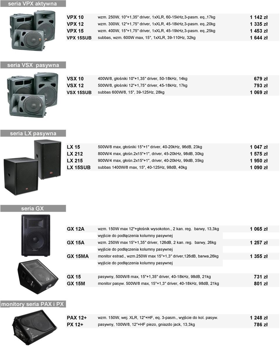 600W max, 15", 1xXLR, 39-110Hz, 32kg 1 644 zł seria VSX pasywna VSX 10 400W/8, głośniki 10"+1,35" driver, 50-18kHz, 14kg 679 zł VSX 12 500W/8, głośniki 12"+1,75" driver, 45-18kHz, 17kg 793 zł VSX