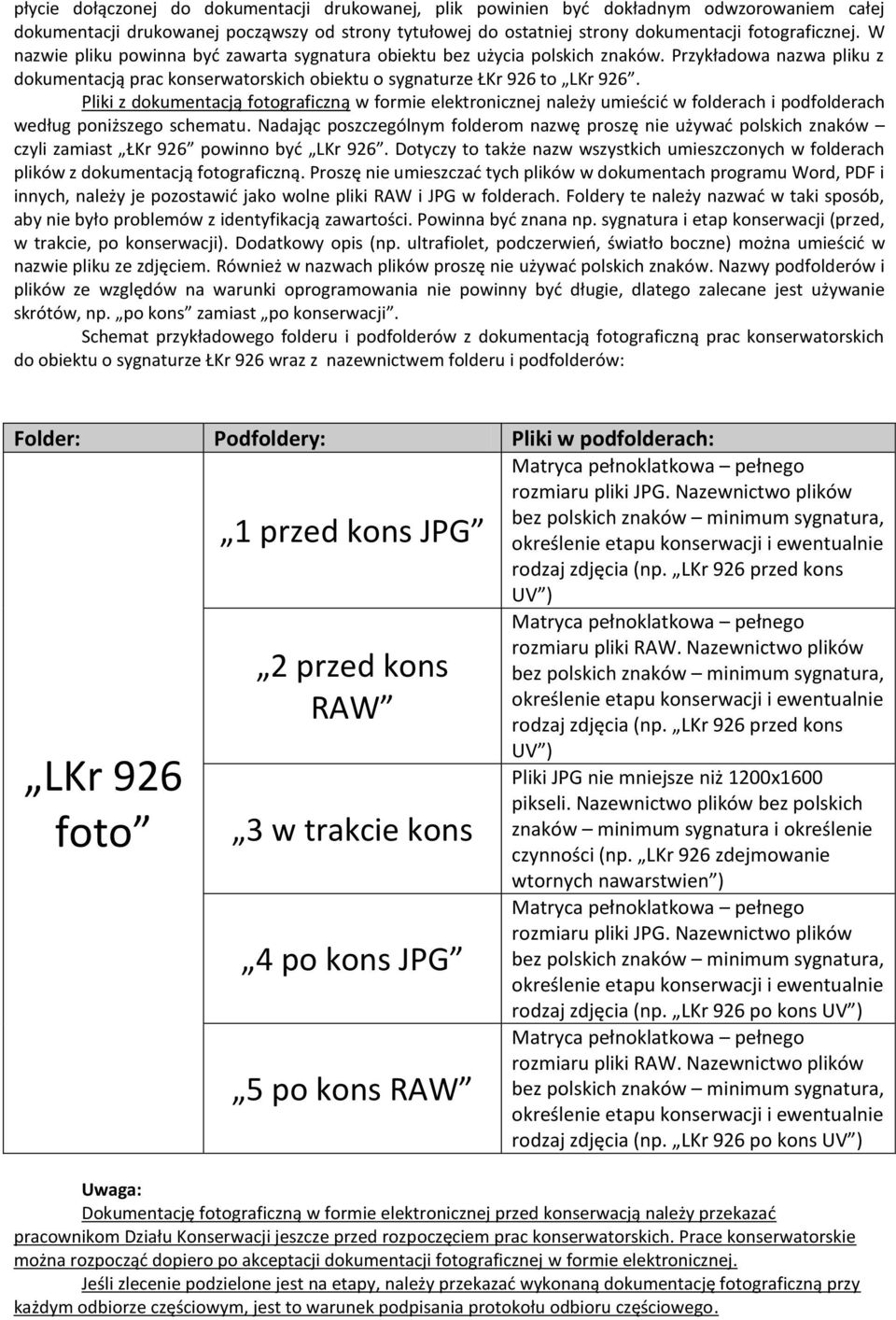 Pliki z dokumentacją fotograficzną w formie elektronicznej należy umieścić w folderach i podfolderach według poniższego schematu.