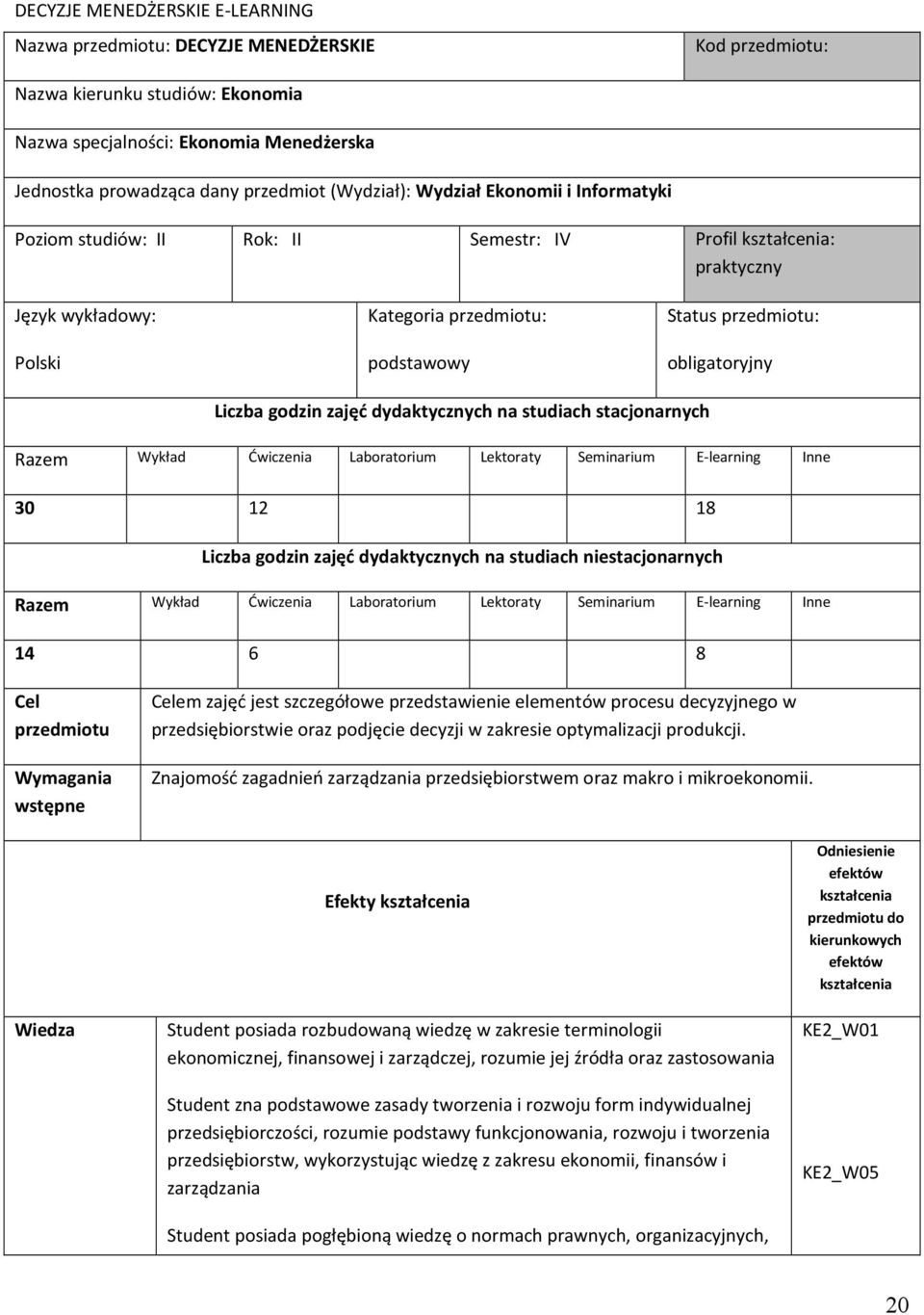 stacjonarnych Razem Wykład Ćwiczenia Laboratorium Lektoraty Seminarium E-learning Inne 30 12 18 Liczba godzin zajęć dydaktycznych na studiach niestacjonarnych Razem Wykład Ćwiczenia Laboratorium