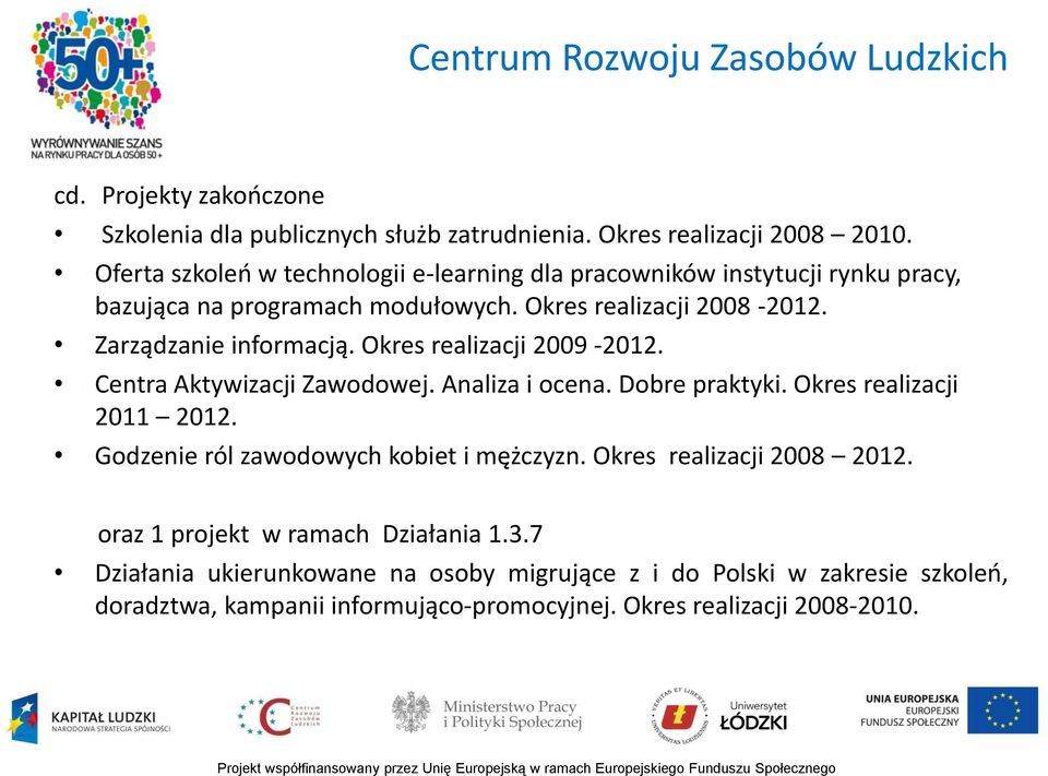 Okres realizacji 2009-2012. Centra Aktywizacji Zawodowej. Analiza i ocena. Dobre praktyki. Okres realizacji 2011 2012. Godzenie ról zawodowych kobiet i mężczyzn.