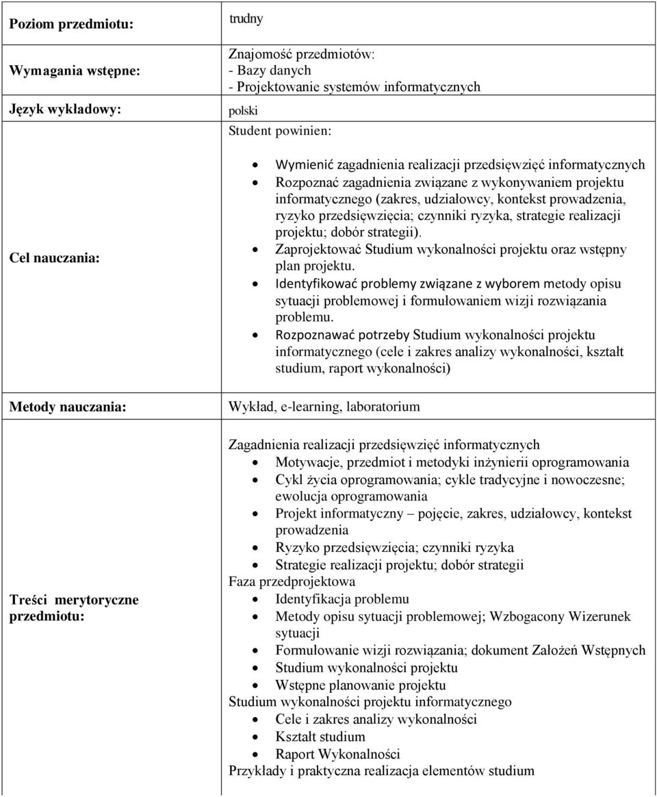 projektu; dobór strategii). Zaprojektować Studium wykonalności projektu oraz wstępny plan projektu.