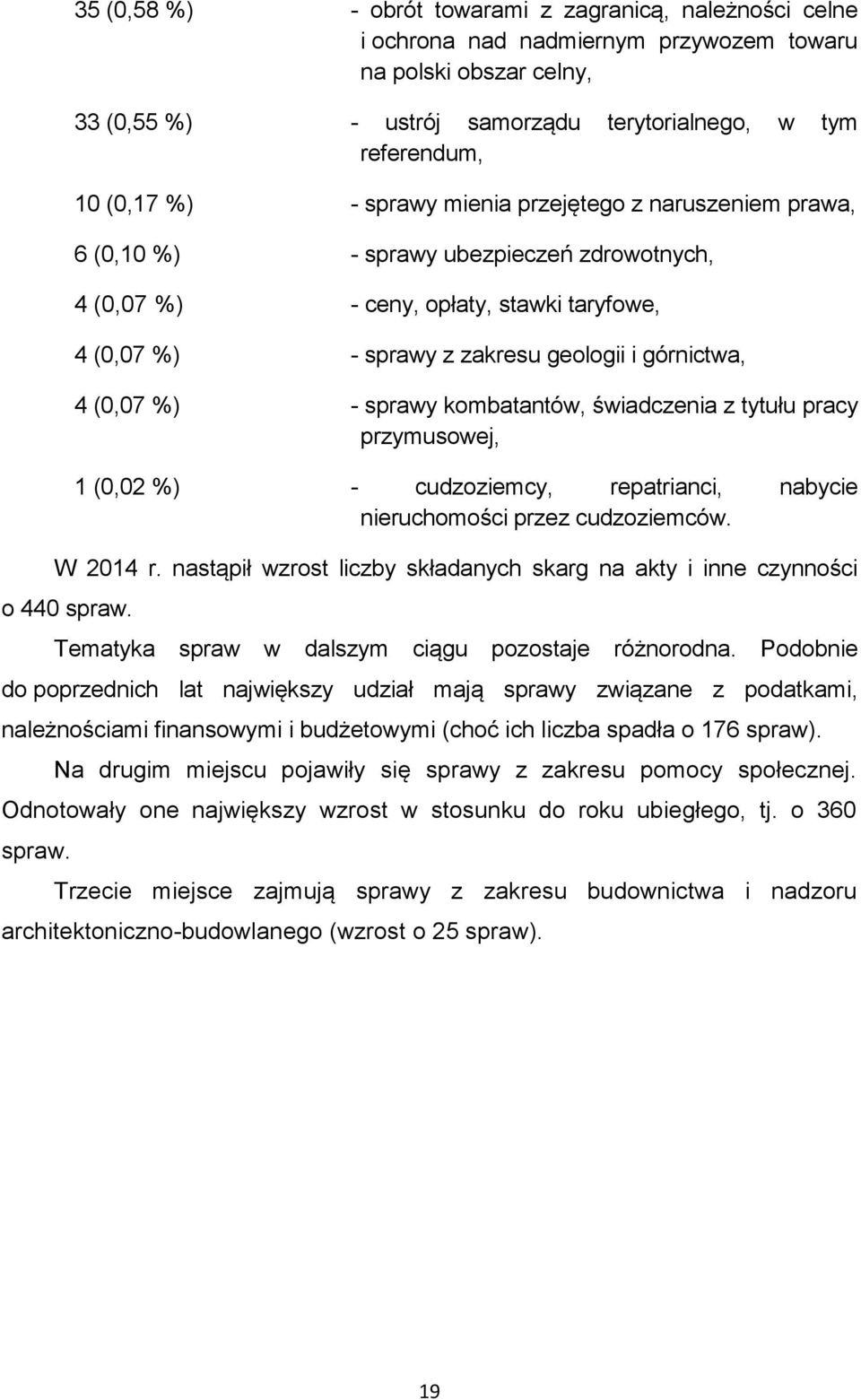 %) - sprawy kombatantów, świadczenia z tytułu pracy przymusowej, 1 (0,02 %) - cudzoziemcy, repatrianci, nabycie nieruchomości przez cudzoziemców. W 2014 r.