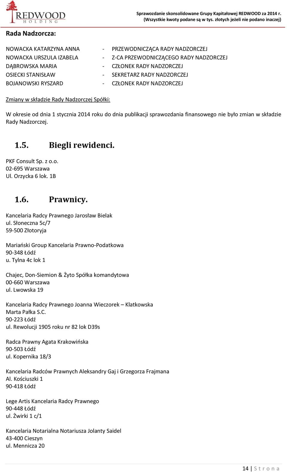 było zmian w składzie Rady Nadzorczej. 1.5. Biegli rewidenci. PKF Consult Sp. z o.o. 02-695 Warszawa Ul. Orzycka 6 lok. 1B 1.6. Prawnicy. Kancelaria Radcy Prawnego Jarosław Bielak ul.