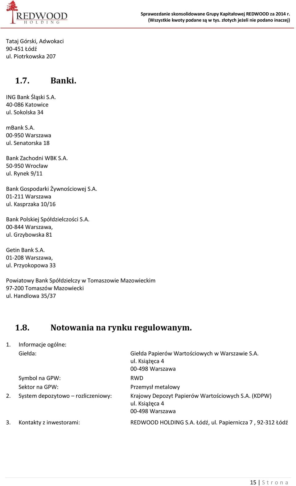 Przyokopowa 33 Powiatowy Bank Spółdzielczy w Tomaszowie Mazowieckim 97-200 Tomaszów Mazowiecki ul. Handlowa 35/37 1.8. Notowania na rynku regulowanym. 1. Informacje ogólne: Giełda: Giełda Papierów Wartościowych w Warszawie S.