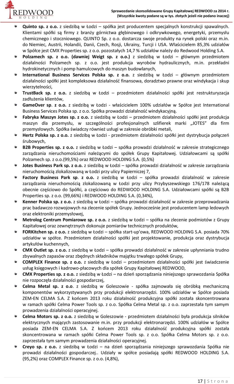 Właścicielem 85,3% udziałów w Spółce jest CMX Properties sp. z o.o. pozostałych 14,7 % udziałów należy do Redwood Holding S.A. Polzamech sp. z o.o. (dawniej Weigt sp. z o.o.) z siedzibą w Łodzi głównym przedmiotem działalności Polzamech sp.