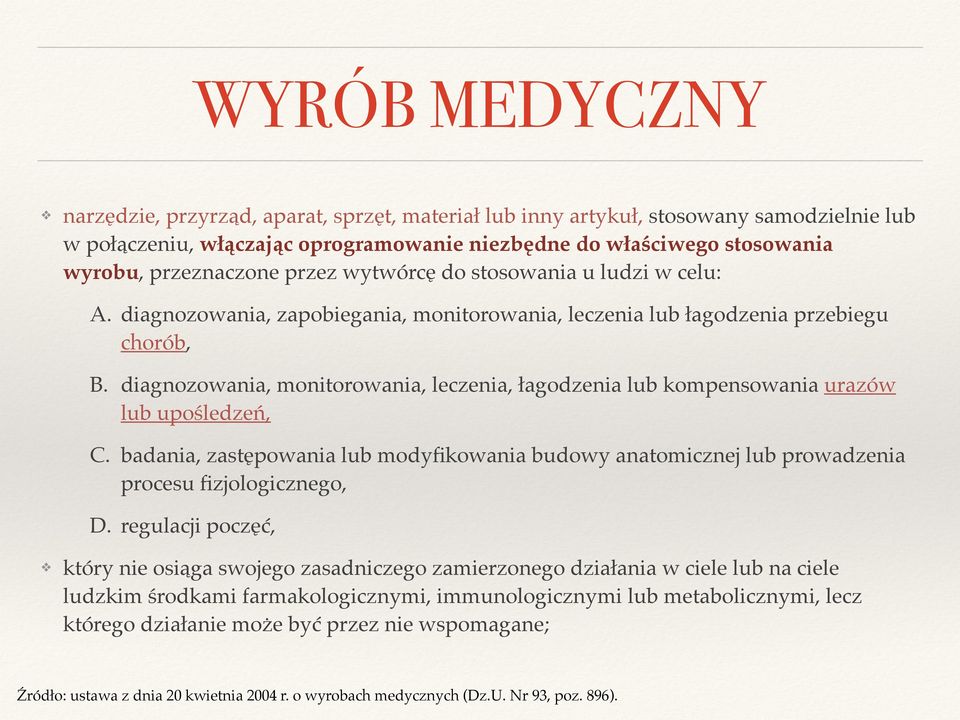 diagnozowania, monitorowania, leczenia, łagodzenia lub kompensowania urazów lub upośledzeń, C. badania, zastępowania lub modyfikowania budowy anatomicznej lub prowadzenia procesu fizjologicznego, D.