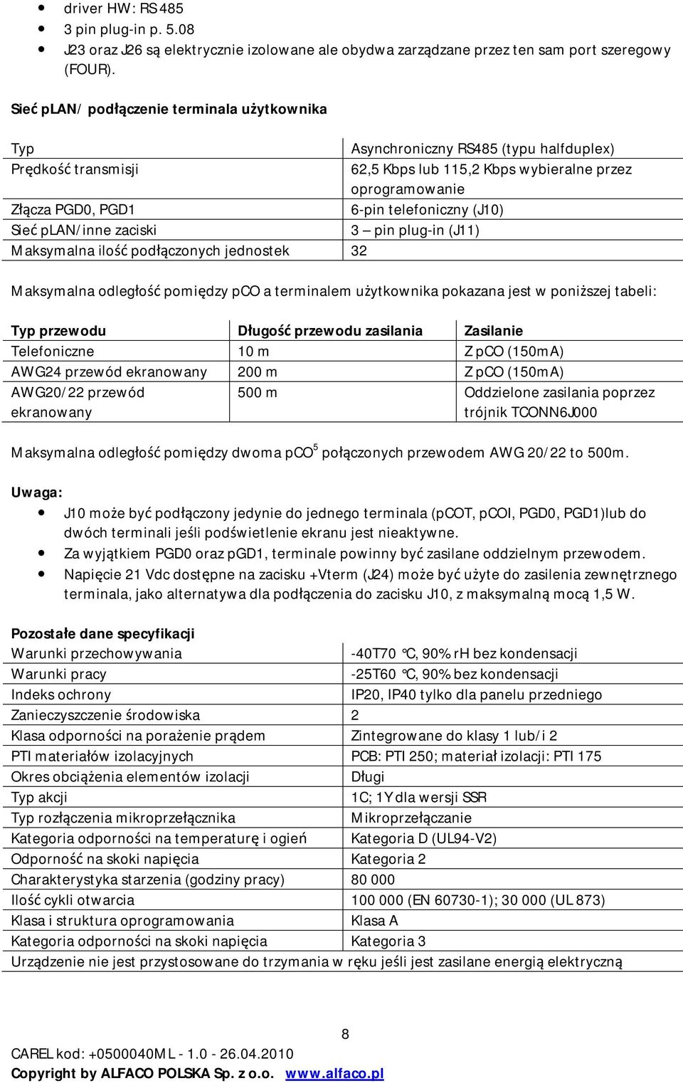 telefoniczny (J10) Sieć plan/inne zaciski 3 pin plug-in (J11) Maksymalna ilość podłączonych jednostek 32 Maksymalna odległość pomiędzy pco a terminalem użytkownika pokazana jest w poniższej tabeli: