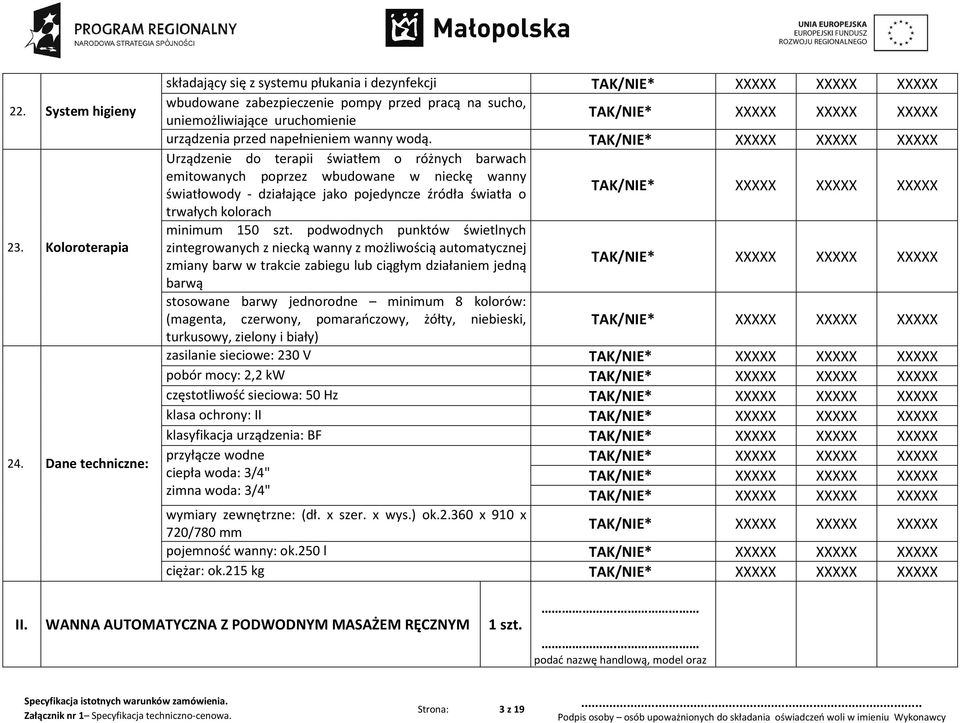 Urządzenie do terapii światłem o różnych barwach emitowanych poprzez wbudowane w nieckę wanny światłowody - działające jako pojedyncze źródła światła o trwałych kolorach minimum 150 szt.