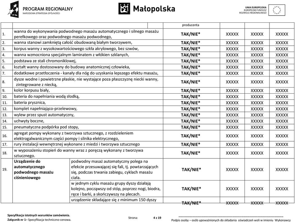 kształt wanny dostosowany do budowy anatomicznej człowieka, 7. dodatkowe przetłoczenia - kanały dla nóg do uzyskania lepszego efektu masażu, 8.