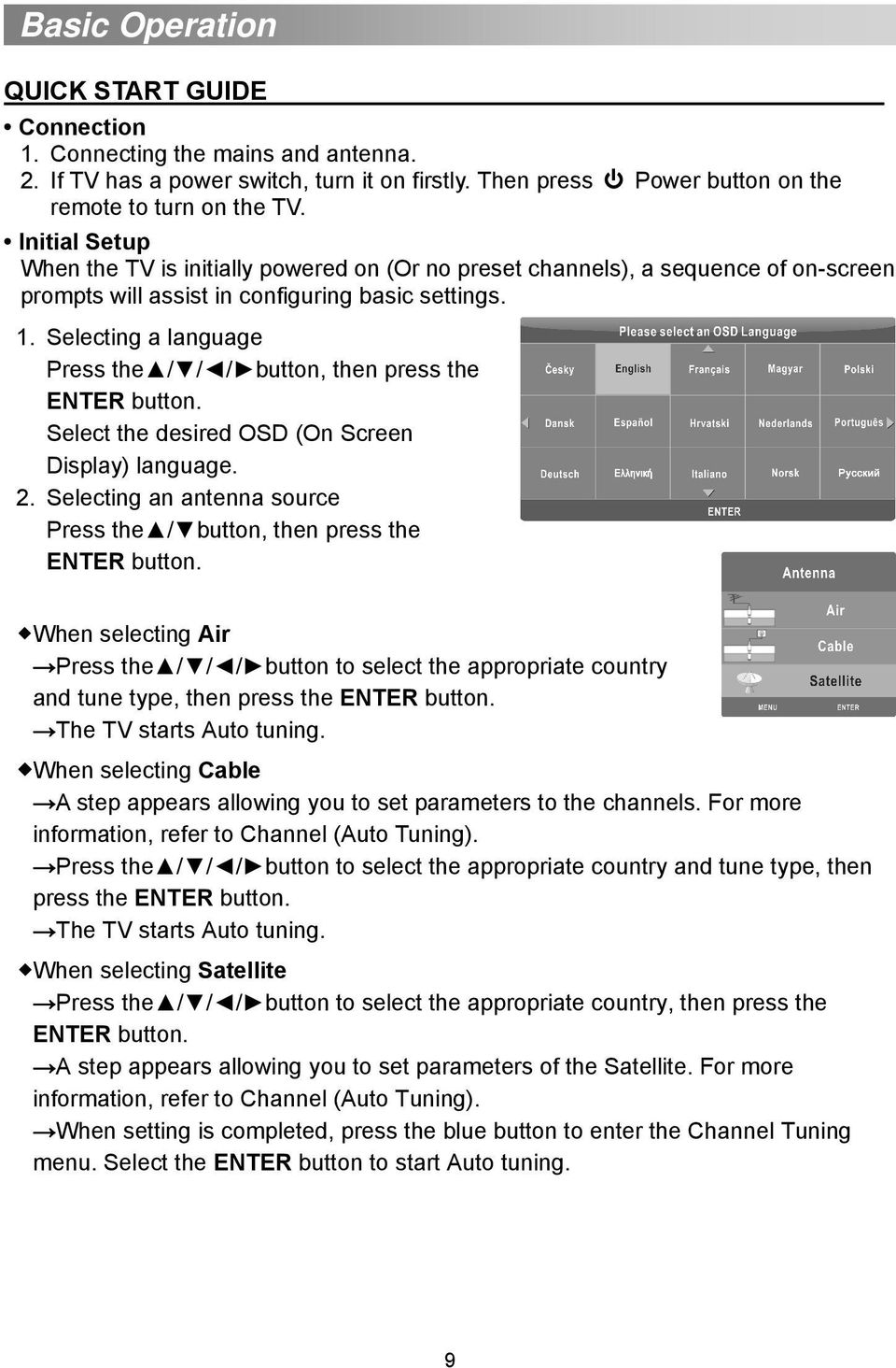 Selecting a language Press the / / / button, then press the ENTER button. Select the desired OSD (On Screen Display) language. 2.