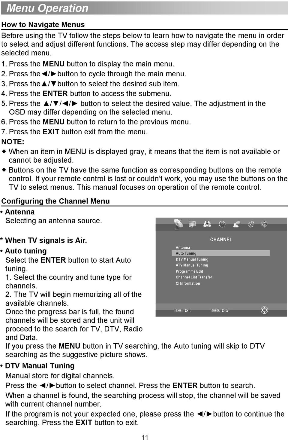 Press the / button to select the desired sub item. 4. Press the ENTER button to access the submenu. 5. Press the / / / button to select the desired value.